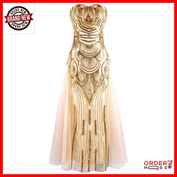 Strapless Sequin Formal Dress with Lace Up Back A-Line Gown
